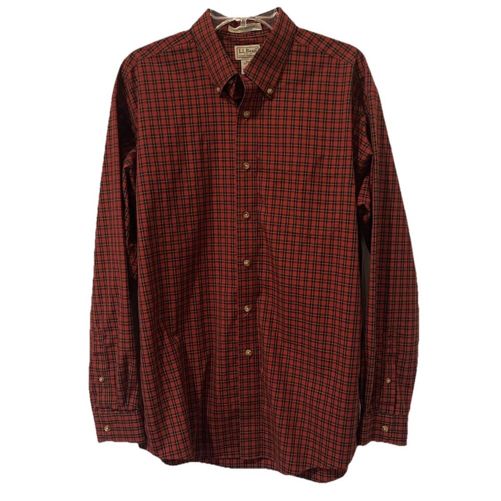 LL. Bean Shirt Mens L Red Check Long Sleeve Wrinkle Resistant Cotton Button Down